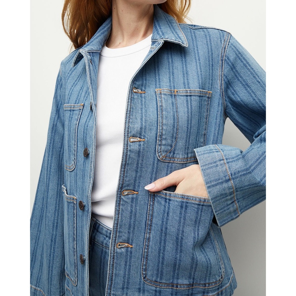 Veronica Beard Dahl Denim Jacket Size Medium Sapphire Stripe Chic Oversized Boxy - Picture 6 of 16